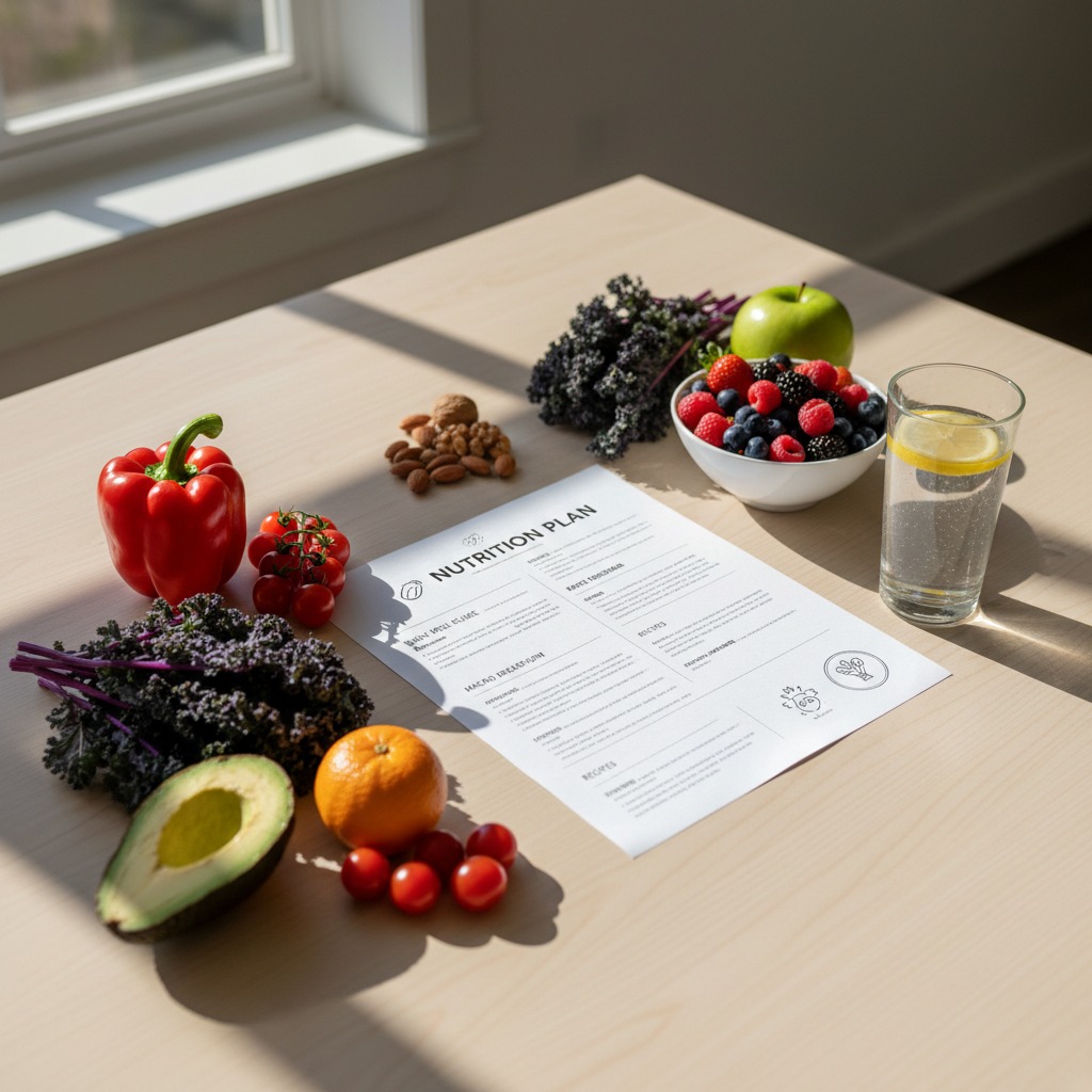 Ein Ernährungsplan liegt auf einem Holztisch, umgeben von frischem Obst, Gemüse, Nüssen und einem Glas Wasser mit Zitrone.