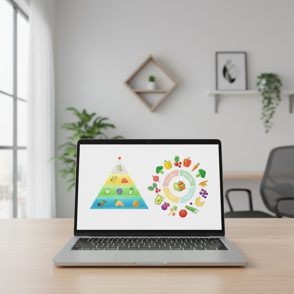 Ein Laptop auf einem Schreibtisch zeigt eine Ernährungspyramide und ein kreisförmiges Diagramm mit verschiedenen Obst- und Gemüsesorten.