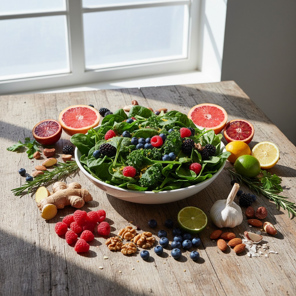 Eine Schüssel mit frischem Salat, umgeben von Beeren, Zitrusfrüchten, Nüssen und Gewürzen auf einem Holztisch vor einem Fenster.